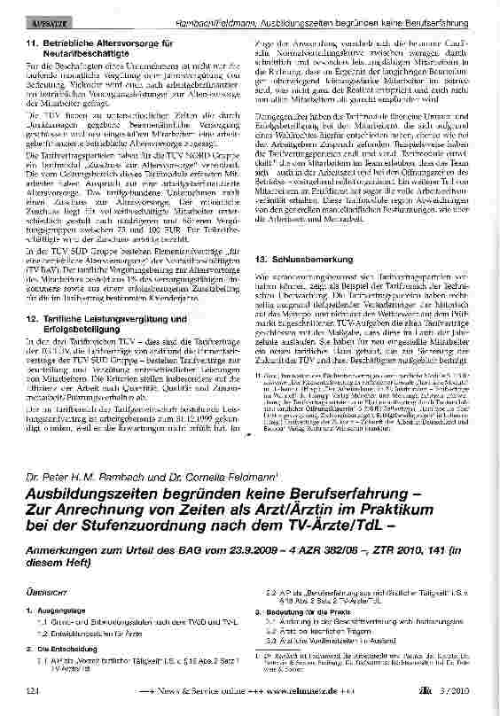 Vorschauseite 1: Ausbildungszeiten begründen keine Berufserfahrung -Zur Anrechnung von Zeiten als Arzt/Ärztin im Praktikum bei der Stufenzuordnung nach dem TV-Ärzte/TdL -