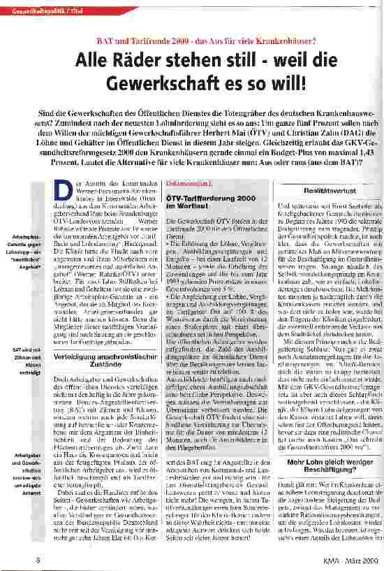 Vorschauseite 1: Alle Räder stehen still - weil die Gewerkschaft es so will! BAT und Tarifrunde 2000 das Aus für viele Krankenhäuser?
