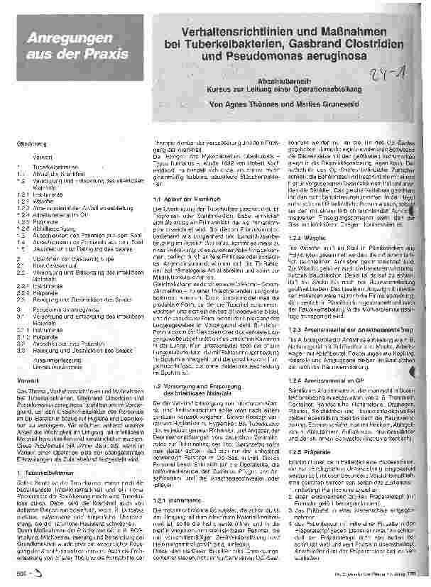 Vorschauseite 1: Verhaltensrichtlinien und Maßnahmen bei Tuberkelbakterien, Gasbrand Clostridien und Pseudomonas aeruginosa. Abschlußarbeit
