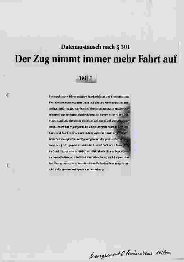 Vorschauseite 1: Der Zug nimmt immer mehr Fahrt auf Datenaustausch nach § 301, Teil 1