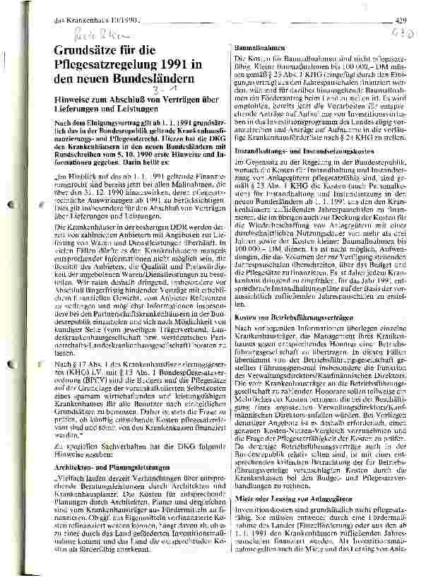 Vorschauseite 1: Grundsätze für die Pflegesatzregelung 1991 in den neuen Bundesländern