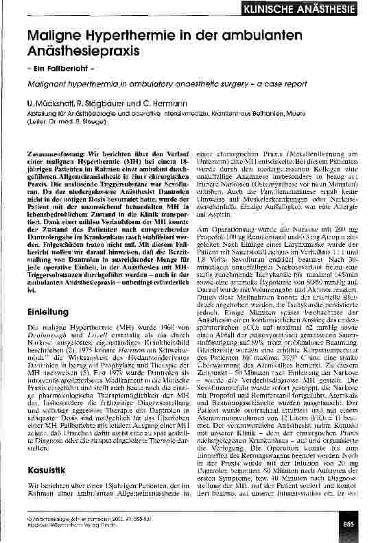 Vorschauseite 1: Maligne Hyperthermie in der ambulanten Anästhesiepraxis - Ein Fallbericht -