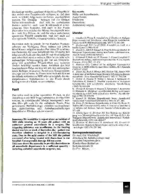 Vorschauseite 3: Maligne Hyperthermie in der ambulanten Anästhesiepraxis - Ein Fallbericht -