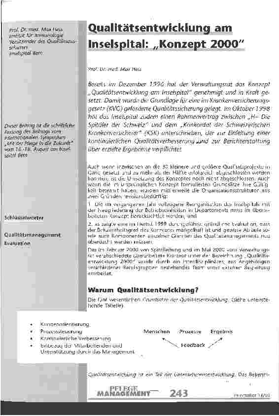 Vorschauseite 1: Qualitätsentwicklung am Inselspital: Konzept 2000