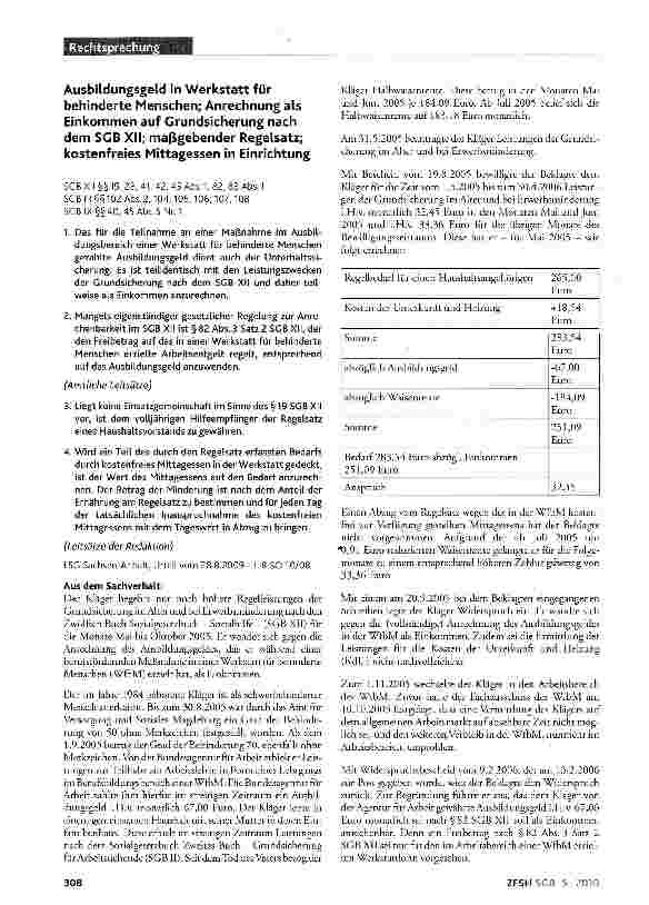 Vorschauseite 1: Ausbildungsgeld in Werkstatt für behinderte Menschen; Anrechnung als Einkommen auf Grundsicherung nach dem SGB XII; maßgebender Regelsatz; kostenfreies Mittagessen in Einrichtung