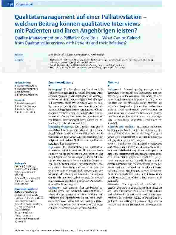 Vorschauseite 1: Qualitätsmanagement auf einer Palliativstation welchen Beitrag können qualitative Interviews mit Patienten und ihren Angehörigen leisten?