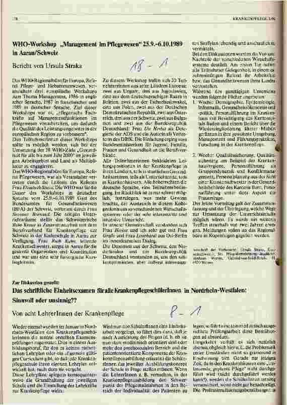 Vorschauseite 1: WHO-Workshop Management im Pflegewesen 25.9.- 6.10.1989 in Aarau, Schweiz