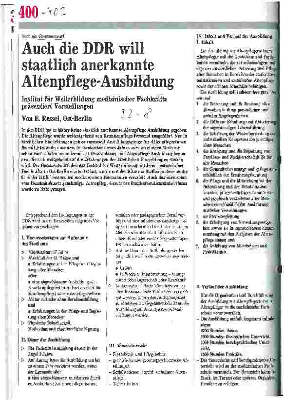 Vorschauseite 1: Noch ein Gesetzentwurf: Auch die DDR will staatlich anerkannte Altenpflege-Ausbildung