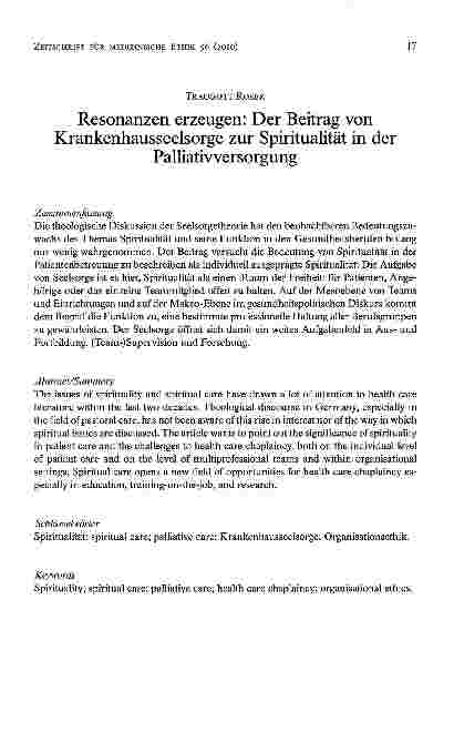 Vorschauseite 1: Resonanzen erzeugen: Der Beitrag von Krankenhausseelsorge zur Spiritualität in derPalliativversorgung