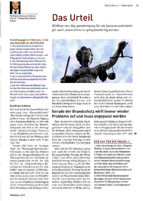 Vorschauseite 1: VG München: Baugenehmigung für ein Seniorenwohnheim gilt auch, wenn Senioren pflegebedürftig werden