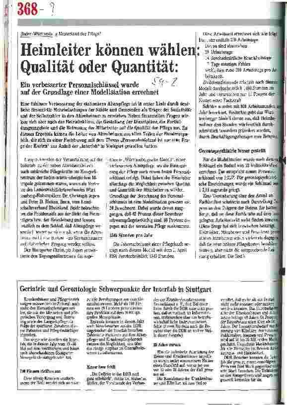 Vorschauseite 1: Baden-Württemberg Musterland der Pflege? Heimleiter können wählen: Qualität oder Quantität: Verbesserter Personalschlüssel.