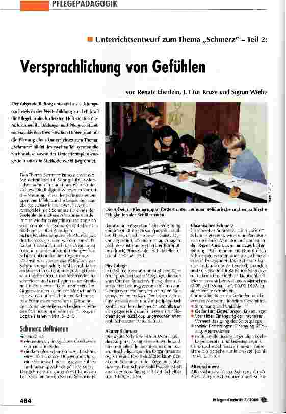 Vorschauseite 1: Versprachlichung von Gefühlen Unterrichtsentwurf zum Thema Schmerz - Teil 2