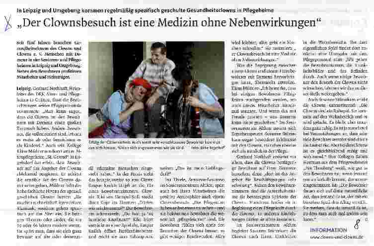 Vorschauseite 1: In Leipzig und Umgebung kommen regelmäßig spezifisch geschulte Gesundheitsclowns in Pflegeheime„Der Clownsbesuch ist eine Medizin ohne Nebenwirkungen