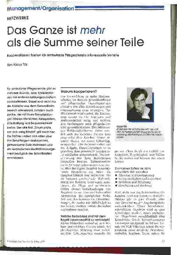 Vorschauseite 1: Das Ganze ist mehr als die Summe seiner Teile Kooperationen bieten für ambulante Pflegedienste interessante Vorteile