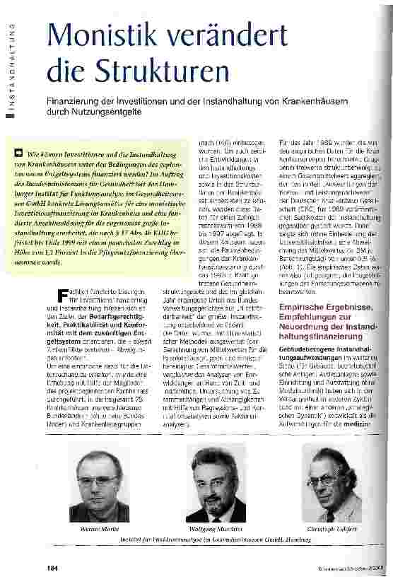 Vorschauseite 1: Monistik verändert die Strukturen Finanzierung der Investitionen und der Instandhaltung von Krankenhäusern durch Nutzungsentgelte