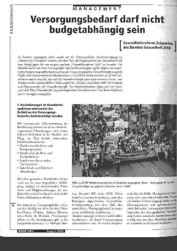 Vorschauseite 1: Versorgungsbedarf darf nicht budgetabhängig sein Gesundheitsreform: Eckpunkte des Bündnis Gesundheit 2000