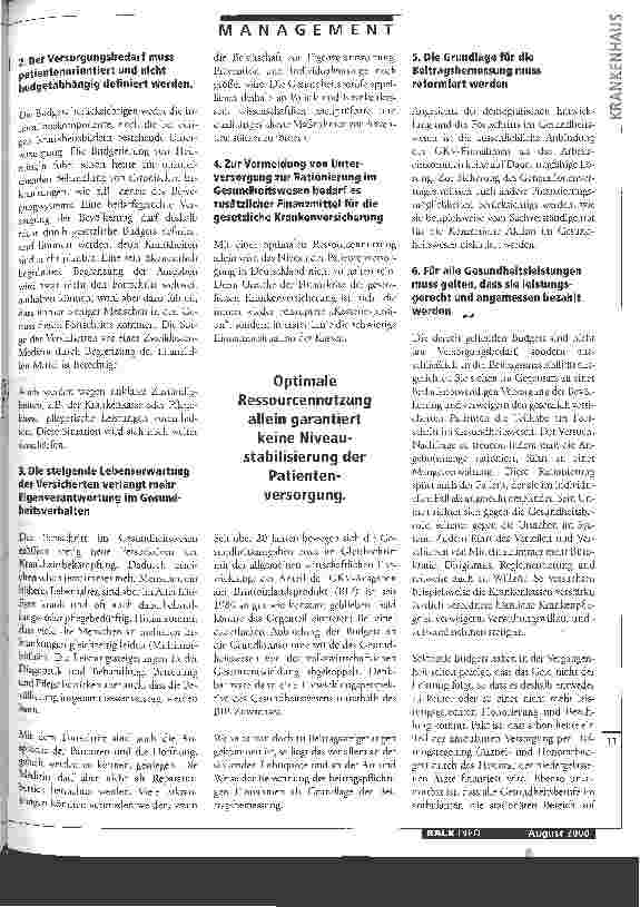 Vorschauseite 2: Versorgungsbedarf darf nicht budgetabhängig sein Gesundheitsreform: Eckpunkte des Bündnis Gesundheit 2000