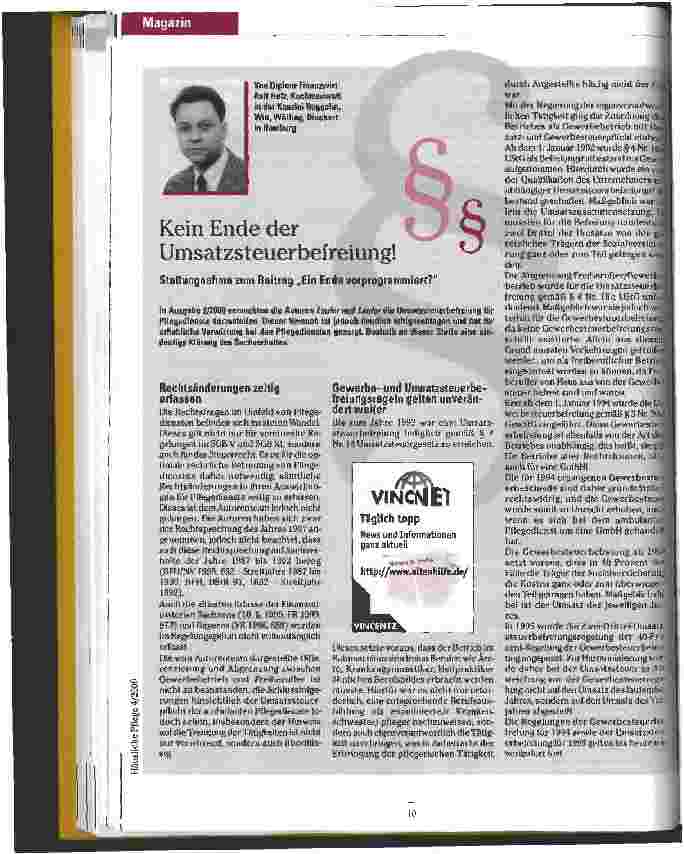 Vorschauseite 1: Kein Ende der Umsatzsteuerbefreiung Stellungnahme zum Beitrag Ein Ende vorprogrammiert?