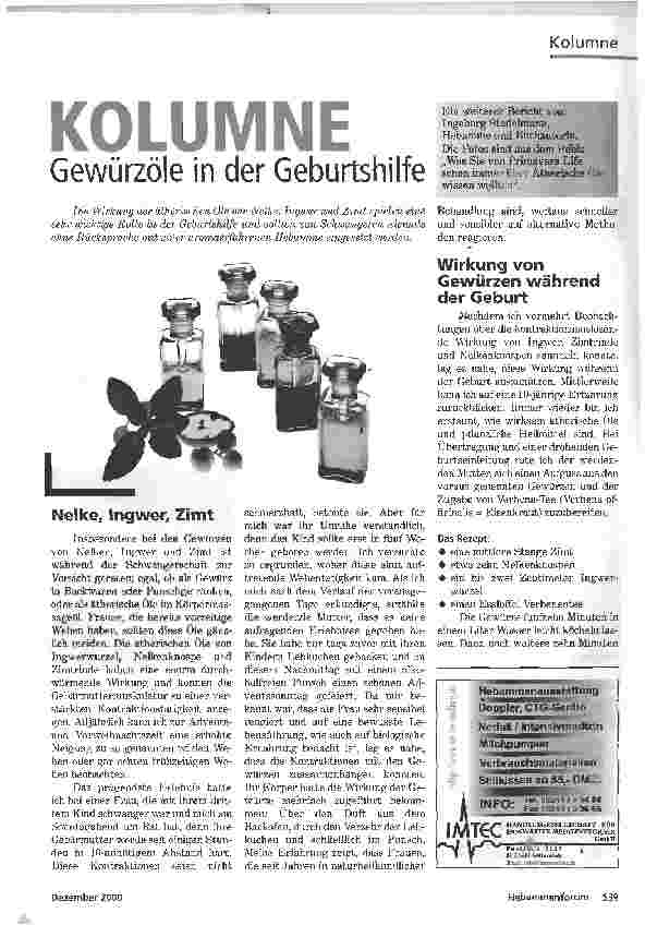 Vorschauseite 1: KOLUMNE Gewürzöle in der Geburtshilfe