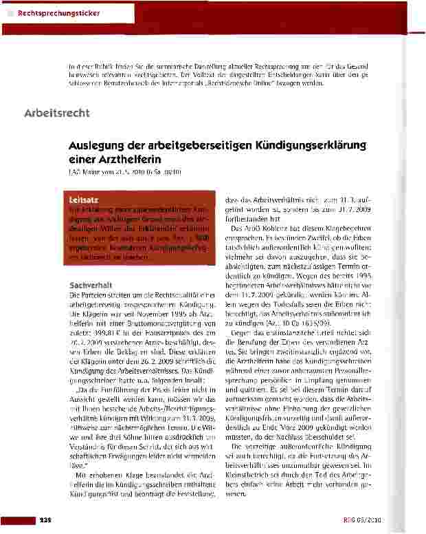 Vorschauseite 1: Auslegung der arbeitgeberseitigen Kündigungserklärung einer Arzthelferin LAG Mainz vom 21.5.2010 (6 Sa 38/10)