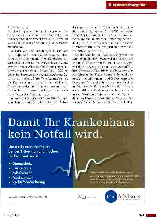 Vorschauseite 2: Auslegung der arbeitgeberseitigen Kündigungserklärung einer Arzthelferin LAG Mainz vom 21.5.2010 (6 Sa 38/10)