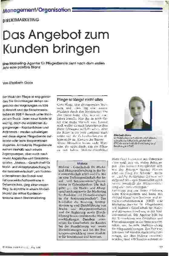 Vorschauseite 1: Das Angebot zum Kunden bringen Eine Marketing-Agentur für Pflegedienste zieht nach dem ersten Jahr eine positive Bilanz