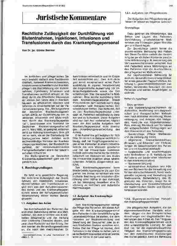 Vorschauseite 1: Rechtliche Zulässigkeit der Durchführung von Blutentnahmen, Injektionen, Infusionen, Transfusionen durch das Pflegepersonal