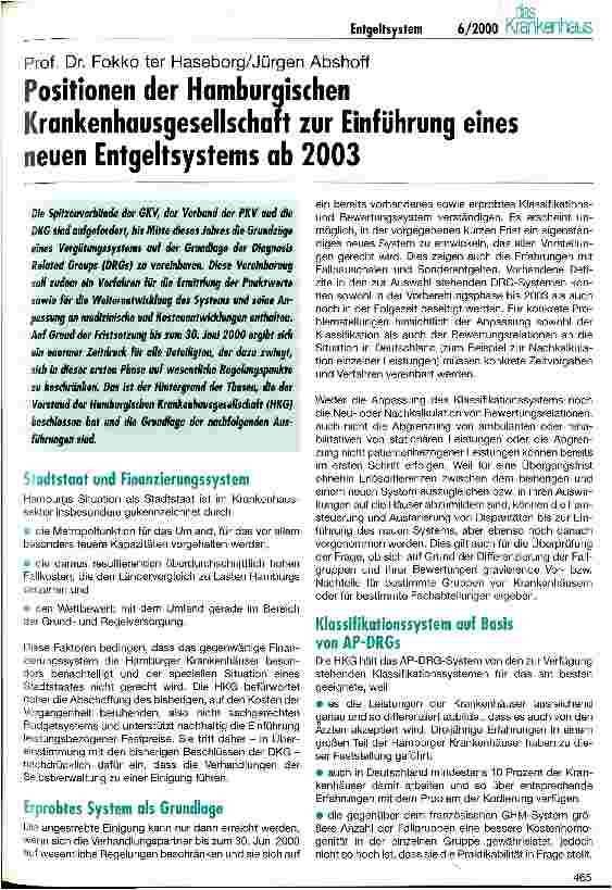 Vorschauseite 1: Positionen der Hamburgischen Krankenhausgesellschaft zur Einführung eines neuen Entgeltsystems ab 2003