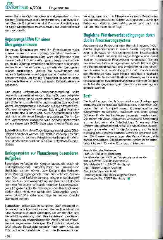 Vorschauseite 4: Positionen der Hamburgischen Krankenhausgesellschaft zur Einführung eines neuen Entgeltsystems ab 2003