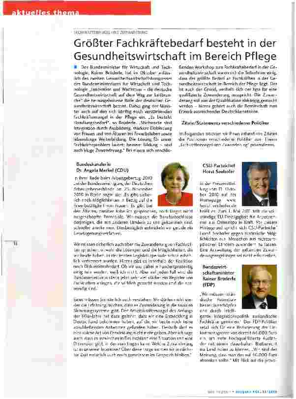 Vorschauseite 1: Größter Fachkräftebedarf besteht in der Gesundheitswirtschaft im Bereich Pflege