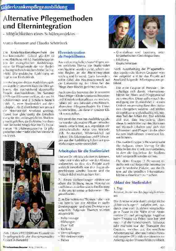 Vorschauseite 1: Alternative Pflegemethoden und Elternintegration - Möglichkeiten eines Schülerprojektes -