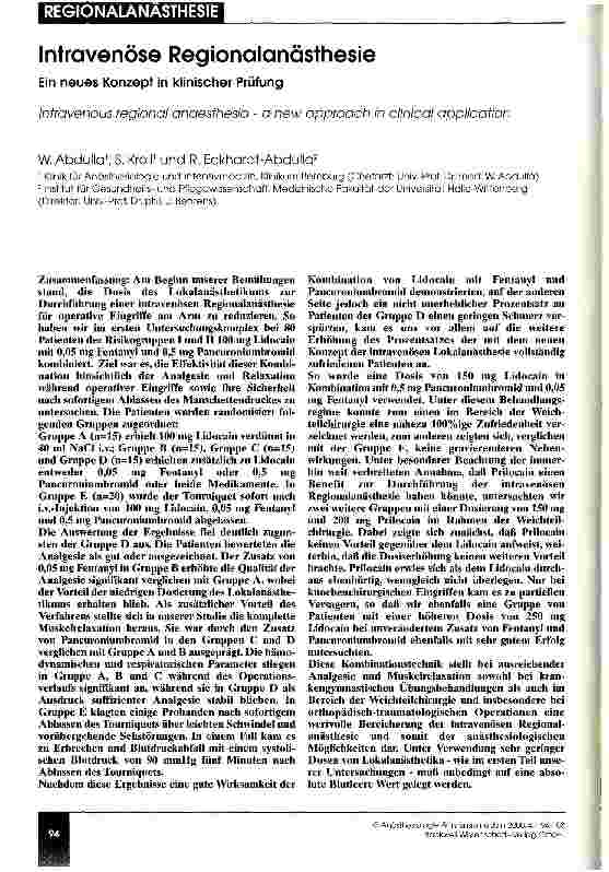 Vorschauseite 1: Intravenöse Regionalanästhesie Ein neues Konzept in klinischer Prüfung