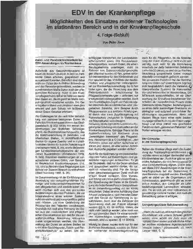 Vorschauseite 1: EDV in der Krankenpflege - Möglichkeiten des Einsatzes moderner Technologien im stationären Bereich. .. - 4. Folge (Schluß)