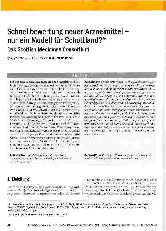 Vorschauseite 1: Schnellbewertung neuer Arzneimittel nur ein Modell für Schottland?