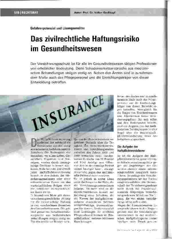 Vorschauseite 1: Das zivilrechtliche Haftungsrisiko im Gesundheitswesen