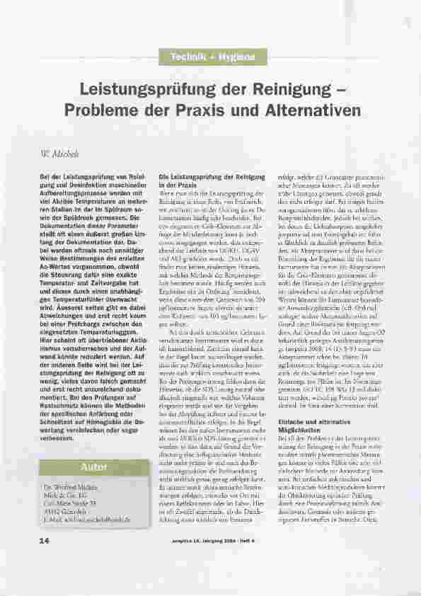 Vorschauseite 1: Leistungsprüfung der Reinigung - Probleme der Praxis und Aiternativen