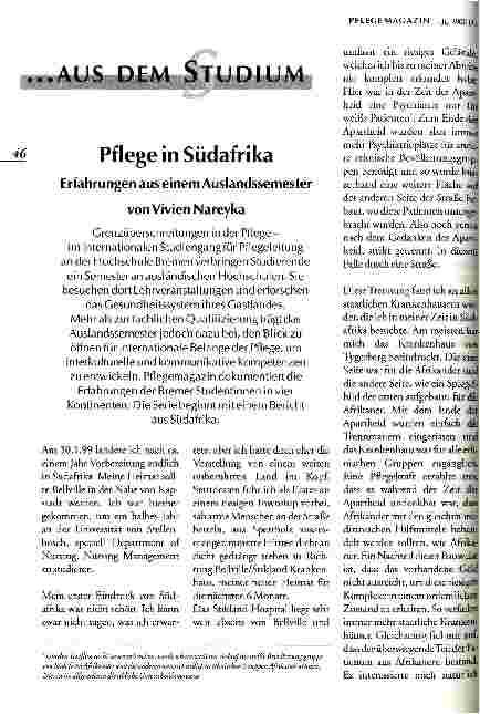 Vorschauseite 1: Pflege in Südafrika Erfahrungen aus einem Auslandssemester