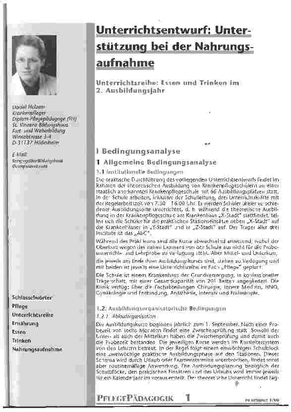 Vorschauseite 1: Unterrichtsentwurf: Unterstützung bei der Nahrungsaufnahme Unterrichtsreihe: Essen und Trinken im 2. Ausbildungsjahr