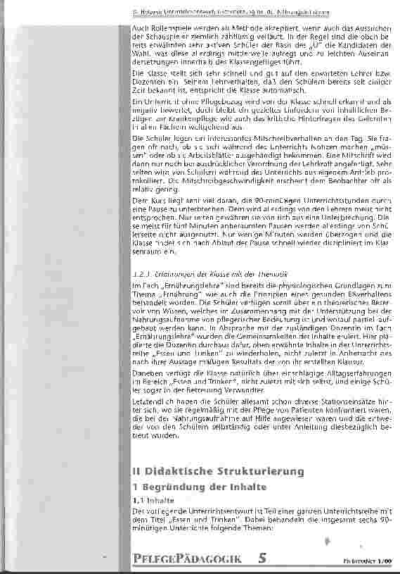 Vorschauseite 5: Unterrichtsentwurf: Unterstützung bei der Nahrungsaufnahme Unterrichtsreihe: Essen und Trinken im 2. Ausbildungsjahr