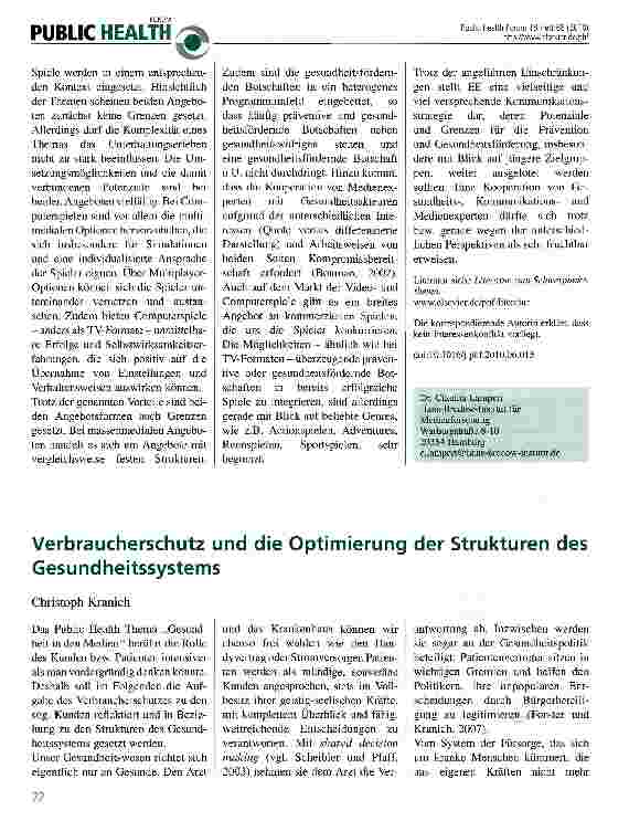 Vorschauseite 1: Verbraucherschutz und die Optimierung der Strukturen des Gesundheitssystems