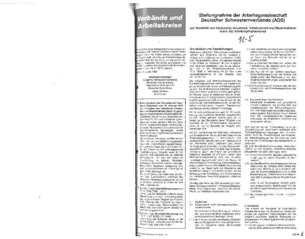 Vorschauseite 1: Stellungsnahme der Arbeitsgemeinschaft Deutscher Schwesternverbände zur Vornahme von Injektionen, Infusionen usw.