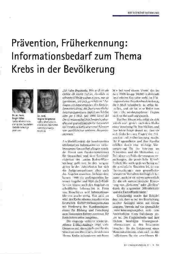 Vorschauseite 1: Prävention, Früherkennung: Informationsbedarf zum Thema Krebs in der Bevölkerung