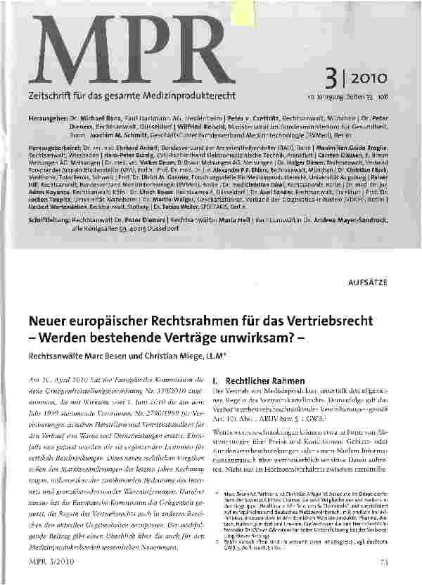Vorschauseite 1: Neuer europäischer Rechtsrahmen für das Vertriebsrecht -Werden bestehende Verträge unwirksam?