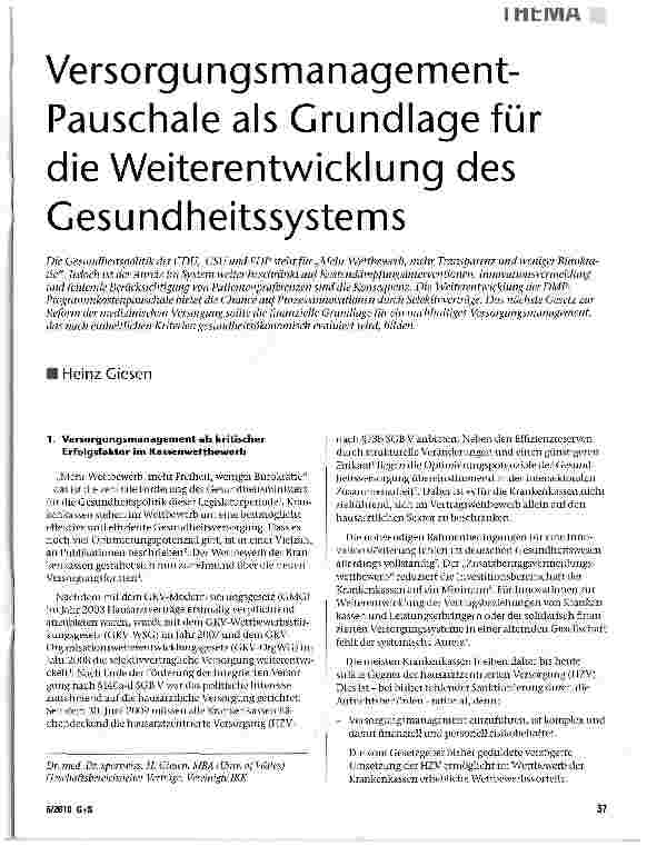 Vorschauseite 1: Versorgungsmanagement-Pauschale als Grundlage für die Weiterentwicklung des Gesundheitssystems