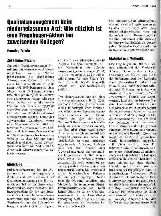 Vorschauseite 1: Qualitätsmanagement beim niedergelassenen Arzt Wie nützlich ist eine Fragebogen-Aktion bei zuweisenden Kollegen?