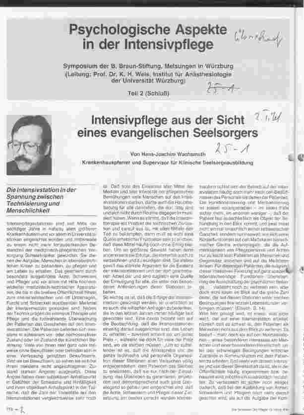 Vorschauseite 1: Psychologische Aspekte in der Intensivpflege - Teil 2 (Schluß) Intensivpflege aus der Sicht eines evangelischen Seelsorgers