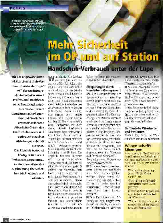 Vorschauseite 1: Mehr sicherheit im OP und auf Station Handschuh-Verbrauch unter der Lupe