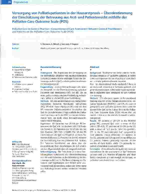 Vorschauseite 1: Versorgung von Palliativpatienten in der Hausarztpraxis - Übereinstimmung der Einschätzung der Betreuung aus Arztund Patientensicht mithilfe der Palliative Care Outcome Scale (POS)