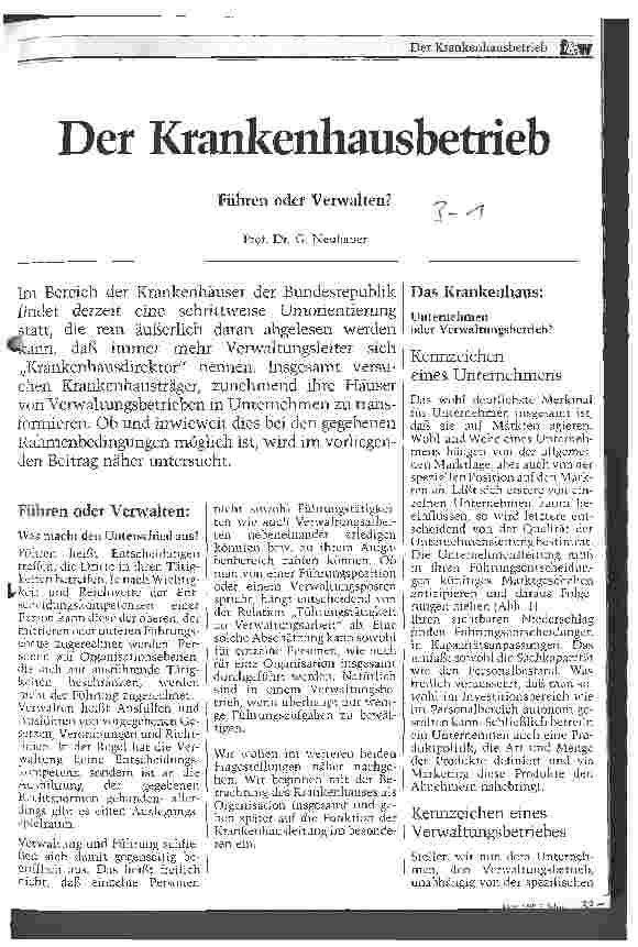 Vorschauseite 1: Der Krankenhausbetrieb Führen oder Verwalten?