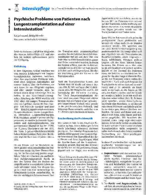Vorschauseite 1: Psychische Probleme von Patienten nach Lungentransplantation auf einer Intensivstation